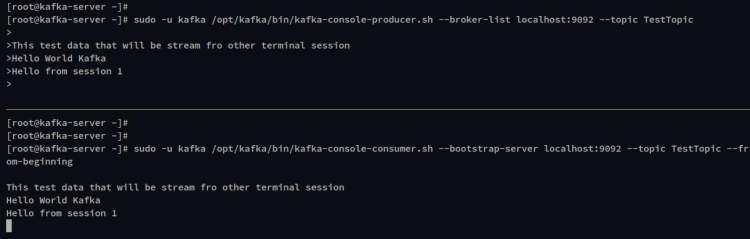 Поток producer → consumer в консоли Kafka