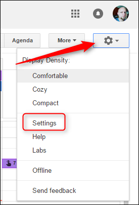 Скриншот: меню иконки шестерёнки в Календаре