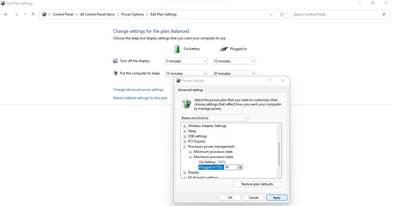 Изменение процента Максимальное состояние процессора для режима От сети