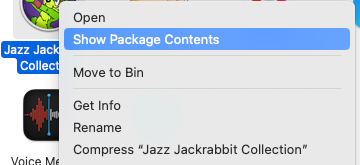 Контекстное меню для показа содержимого пакета приложения macOS.
