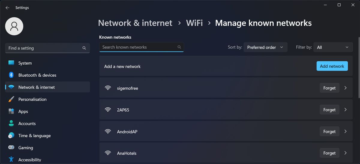 Управление известными сетями в Windows 11