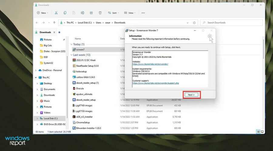 Экран завершения установки Screensaver Wonder 7