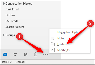 Меню с многоточием в навигационной панели Outlook, опция 'Папки'
