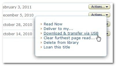 Меню Actions в Amazon Manage My Kindle
