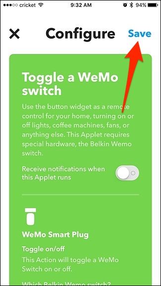 Кнопка Save для сохранения виджета IFTTT на iPhone