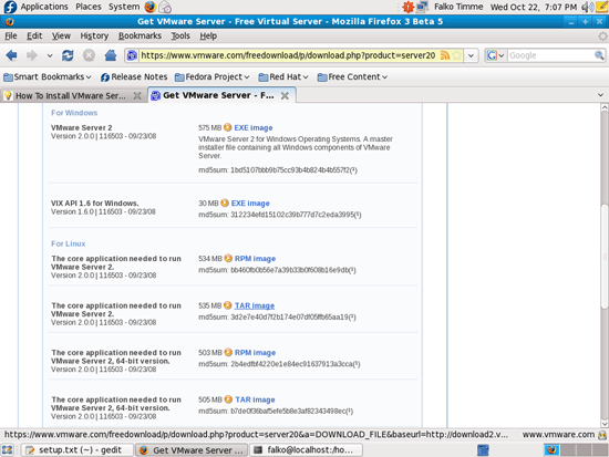 Выбор TAR-архива VMware Server для Linux