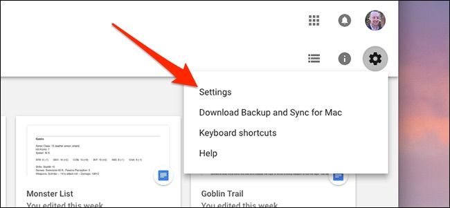 Окно настроек Google Drive с пунктом Настройки