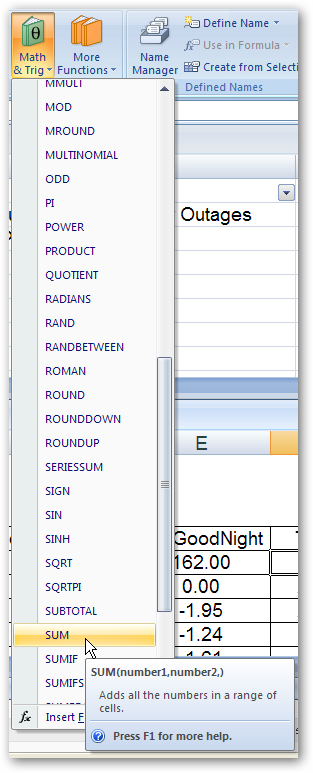 Меню функций Excel с SUM