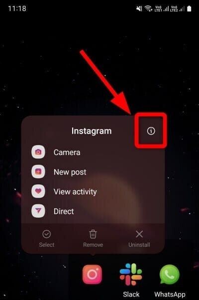 Меню информации о приложении Instagram и кнопки очистки кэша