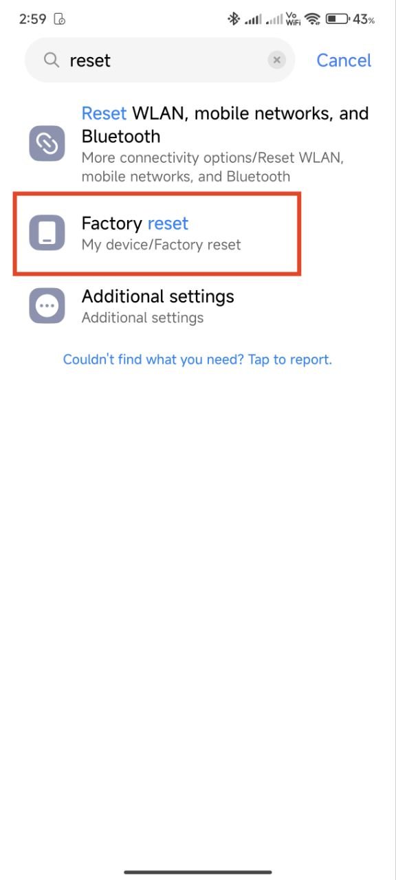tap on factory reset