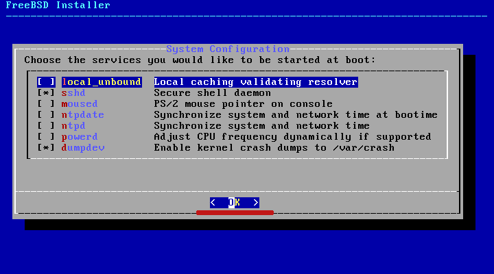 Выбор системных служб для активации