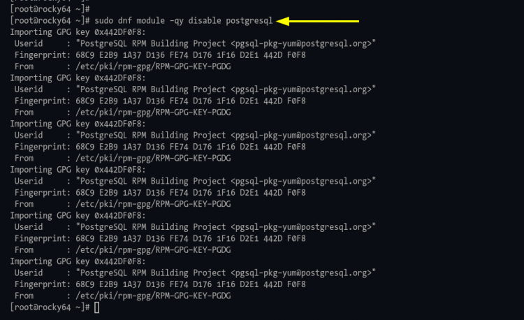 Отключение модуля PostgreSQL в DNF