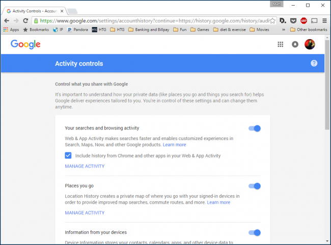 Список других сервисов и переключатели управления активностью