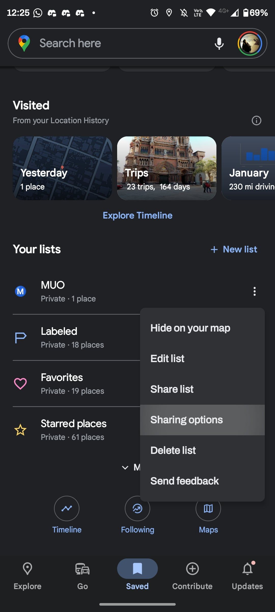 Опции доступа для списка в Google Maps