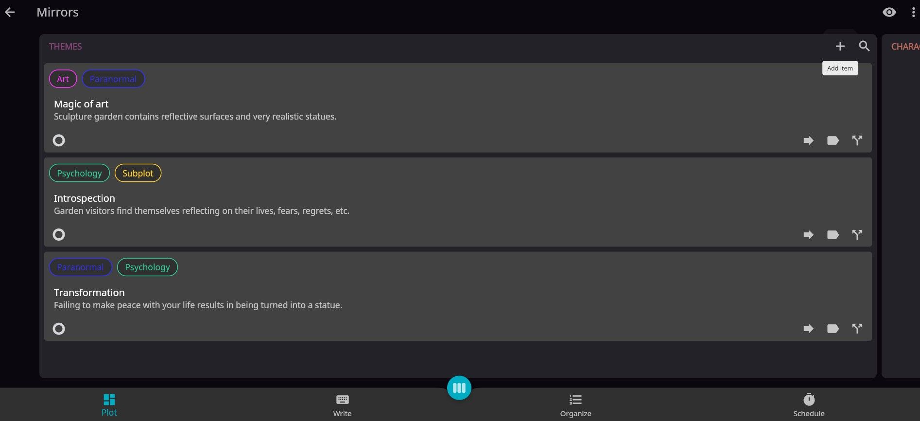 Добавление элементов на вкладке Plot в Novelist