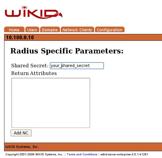 Ввод shared secret для RADIUS в WiKIDAdmin
