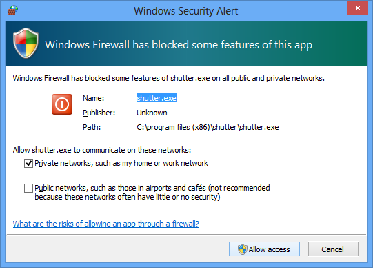 Запрос разрешения для Shutter в брандмауэре Windows
