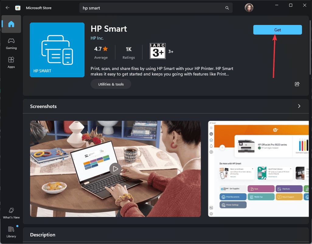 Кнопка Get в Microsoft Store для HP Smart