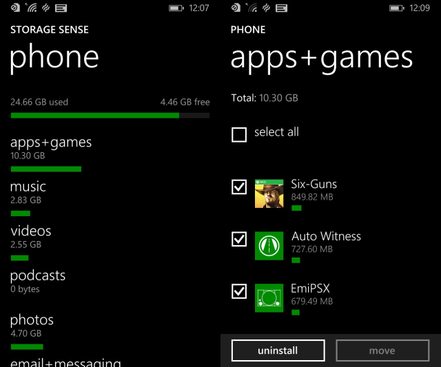 Список приложений в Storage Sense с выбранными элементами для удаления.