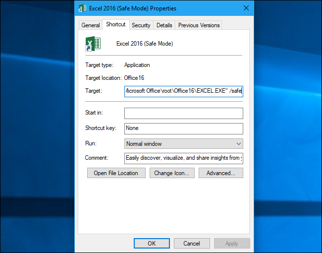 Пример: добавление параметра /safe в поле Объект ярлыка приложения