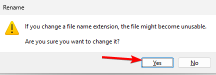 Диалог подтверждения изменения расширения файла в Windows