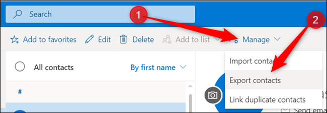 Нажмите Управление, затем Экспорт контактов.