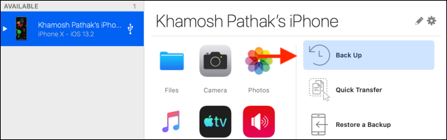 Нажмите опцию Резервное копирование в iMazing