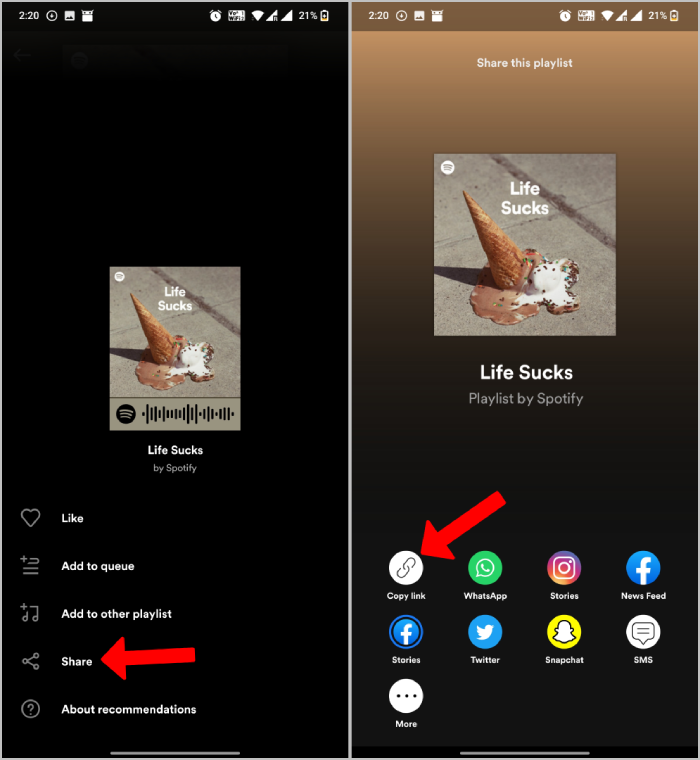 копирование ссылки на плейлист spotify