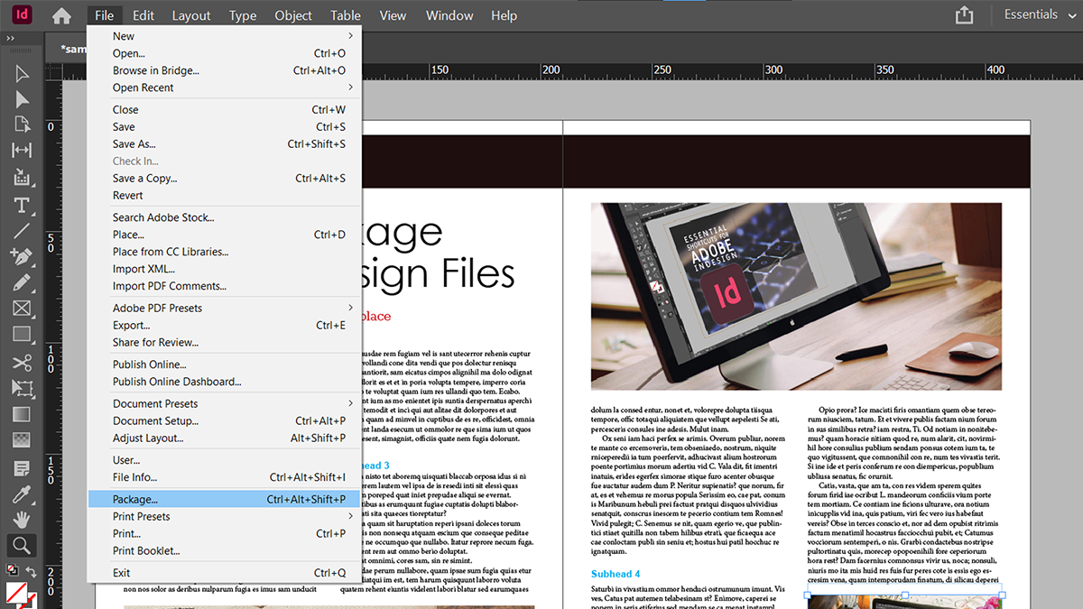 Меню InDesign: команда Package выбрана