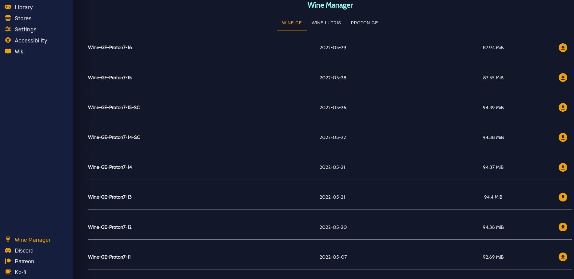 Скачивание совместимых слоёв Wine в Heroic