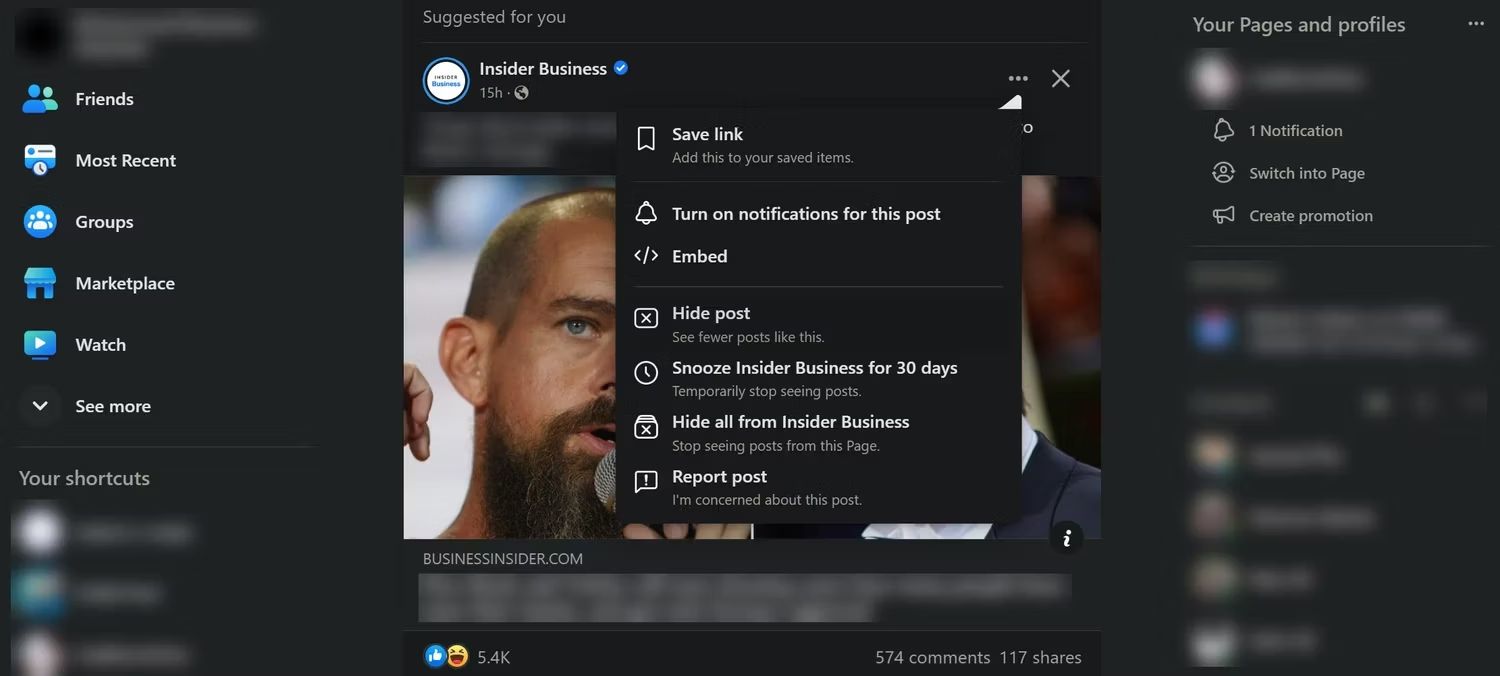 Скрытие рекомендаций в ленте Facebook.