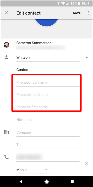 Поле фонетического имени в Google Contacts
