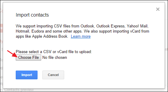Окно импорта: кнопка 'Выбрать файл' для загрузки CSV