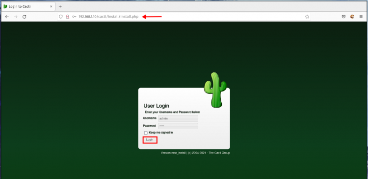 Страница входа Cacti