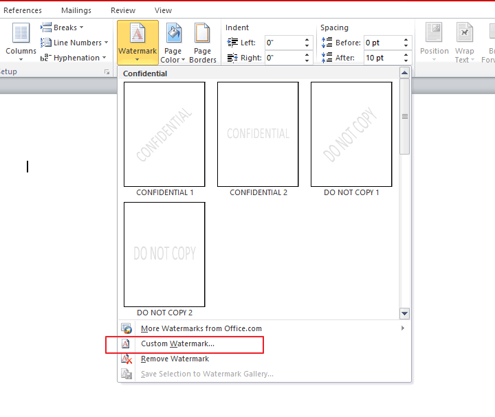 Опция «Пользовательский водяной знак» в меню