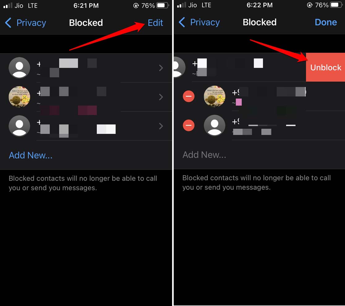 Разблокировать контакт в WhatsApp