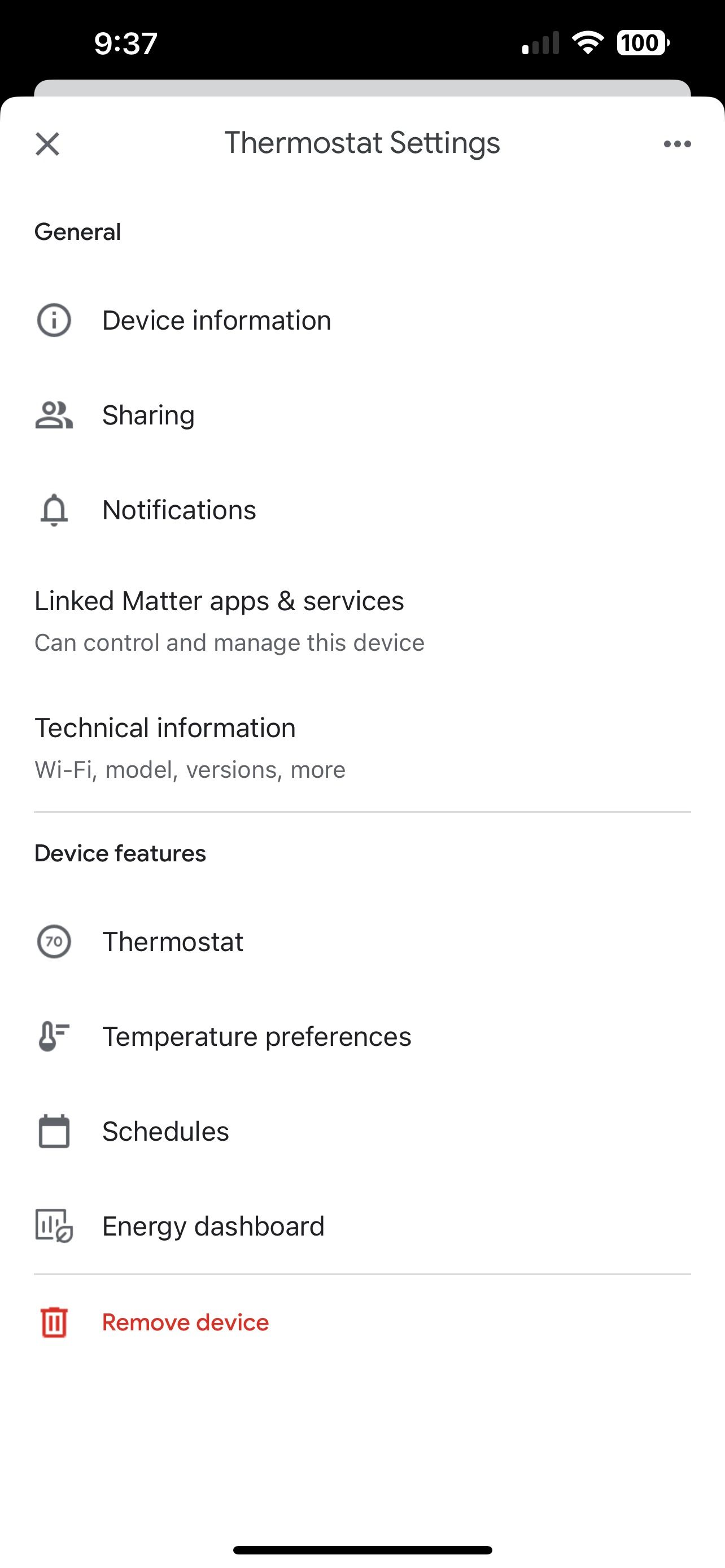 Настройки Nest Thermostat в приложении Google Home для iOS