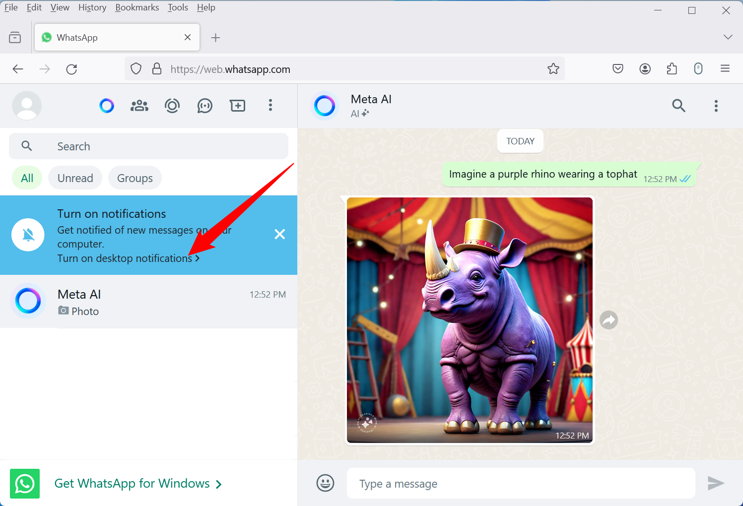Кнопка для включения уведомлений рабочего стола в интерфейсе WhatsApp Web.