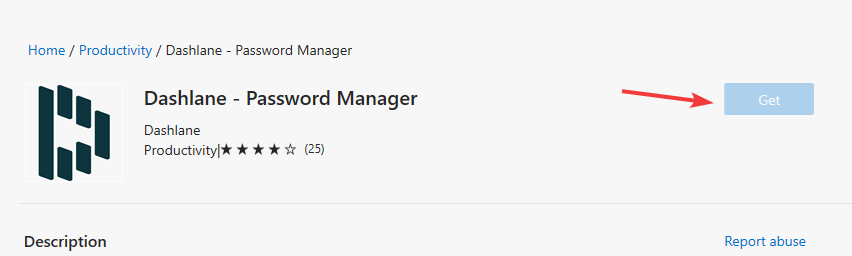 Кнопка 'Получить' на странице Dashlane в магазине Edge