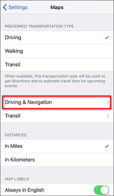 Опция Вождения и навигация в настройках Карты