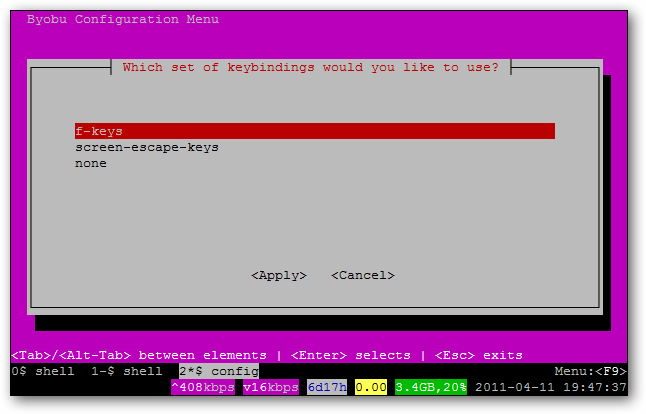 Окно подсказки горячих клавиш Byobu