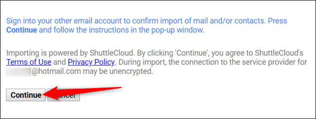Ознакомьтесь с условиями использования и политикой конфиденциальности ShuttleCloud, затем нажмите «Продолжить».
