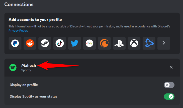 Подключённый аккаунт Spotify в Discord