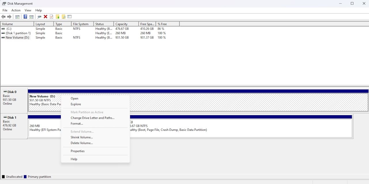 Опция удаления тома в Управлении дисками