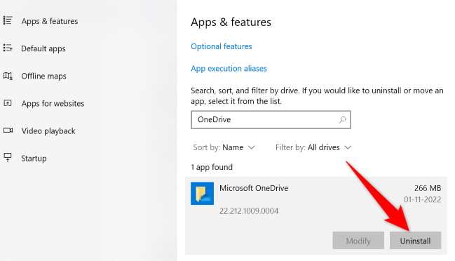 Кнопка Удалить приложение OneDrive в Windows