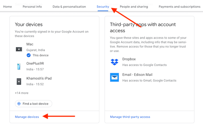 Нажмите кнопку управления устройствами на вкладке Безопасность