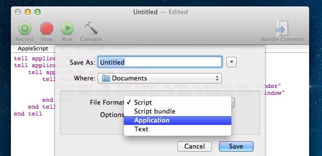 Сохранение скрипта как приложение в AppleScript Editor — выбор формата Application