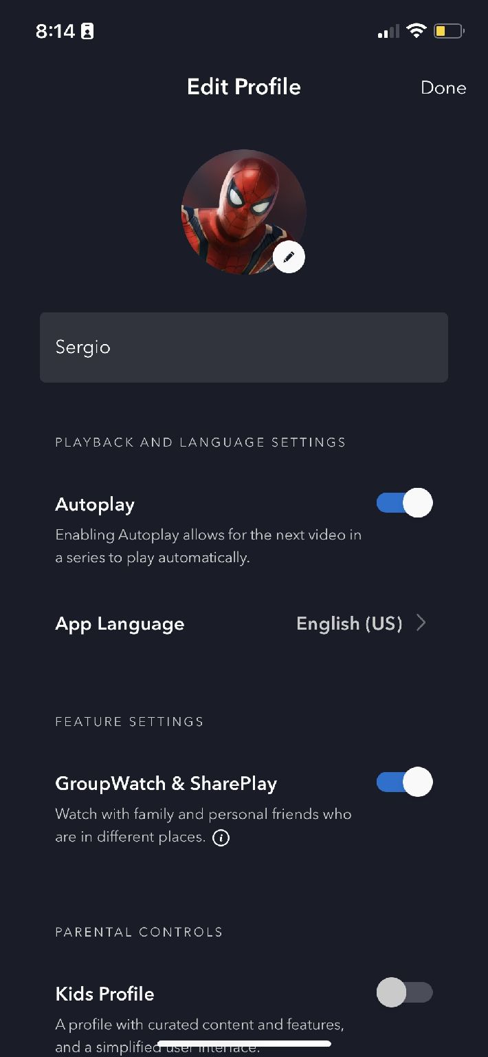 Настройки профиля Disney Plus на iPhone
