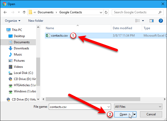 Выбор CSV-файла для импорта в Google Контакты