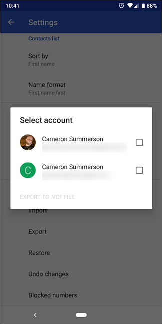 Скриншот: выбор места сохранения файла VCF, включая Google Drive